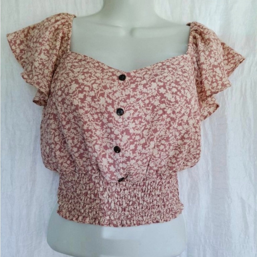 Monteau Pink Flutter Sleeve Crop Blouse